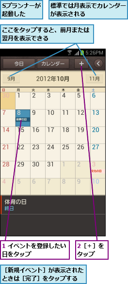 1 イベントを登録したい日をタップ      ,2［＋］をタップ  ,Sプランナーが起動した  ,ここをタップすると、前月または翌月を表示できる           ,標準では月表示でカレンダーが表示される      ,［新規イベント］が表示されたときは［完了］をタップする