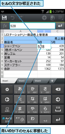 セルの文字が修正された,青い枠が下のセルに移動した
