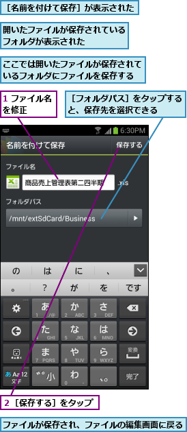 1 ファイル名を修正   ,ここでは開いたファイルが保存されているフォルダにファイルを保存する,ファイルが保存され、ファイルの編集画面に戻る        ,開いたファイルが保存されているフォルダが表示された    ,２［保存する］をタップ,［フォルダパス］をタップすると、保存先を選択できる   ,［名前を付けて保存］が表示された