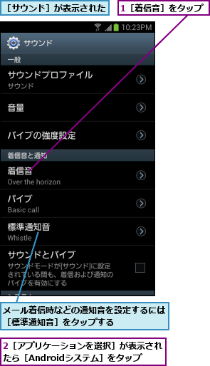 1［着信音］をタップ,2［アプリケーションを選択］が表示されたら［Androidシステム］をタップ,メール着信時などの通知音を設定するには［標準通知音］をタップする      ,［サウンド］が表示された