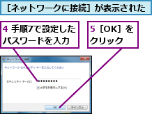 4 手順7で設定したパスワードを入力,5［OK］をクリック,［ネットワークに接続］が表示された