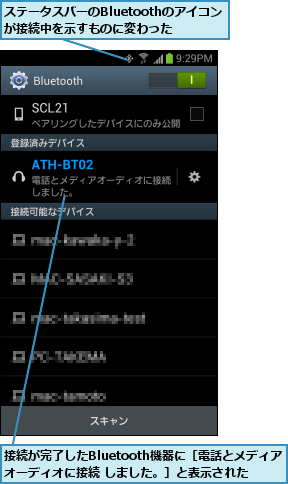 ステータスバーのBluetoothのアイコンが接続中を示すものに変わった,接続が完了したBluetooth機器に［電話とメディア  オーディオに接続 しました。］と表示された