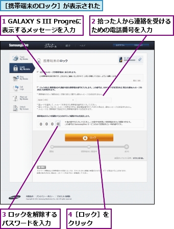 1 GALAXY S III Progreに  表示するメッセージを入力  ,2 拾った人から連絡を受けるための電話番号を入力    ,3 ロックを解除するパスワードを入力  ,4［ロック］をクリック  ,［携帯端末のロック］が表示された