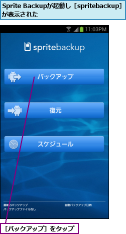 Sprite Backupが起動し［spritebackup］が表示された        ,［バックアップ］をタップ