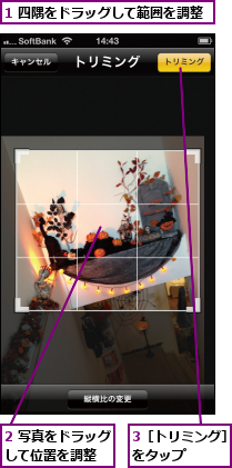 1 四隅をドラッグして範囲を調整,2 写真をドラッグして位置を調整  ,3［トリミング］をタップ    