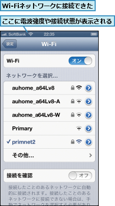 Wi-Fiネットワークに接続できた,ここに電波強度や接続状態が表示される