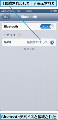 Bluetoothデバイスと接続された,［接続されました］と表示された