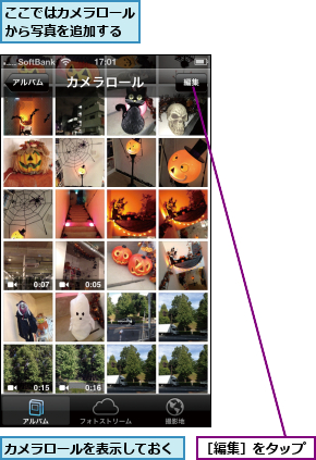 ここではカメラロールから写真を追加する,カメラロールを表示しておく,［編集］をタップ