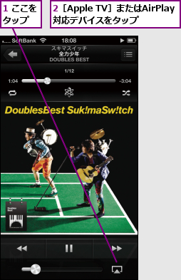 1 ここをタップ  ,2［Apple TV］またはAirPlay対応デバイスをタップ