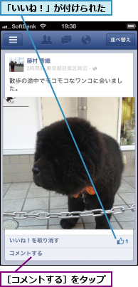 「いいね！」が付けられた,［コメントする］をタップ