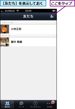 ここをタップ,［友だち］を表示しておく