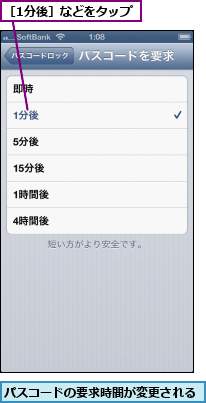 パスコードの要求時間が変更される,［1分後］などをタップ