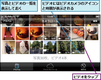 ビデオにはビデオカメラのアイコンと時間が表示される      ,ビデオをタップ,写真とビデオの一覧を表示しておく    