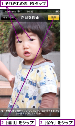 1 それぞれの赤目をタップ,2［適用］をタップ,3［保存］をタップ