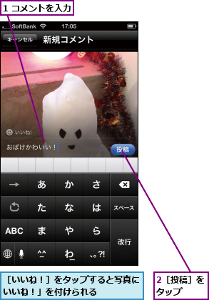 1 コメントを入力,2［投稿］をタップ  ,［いいね！］をタップすると写真に「いいね！」を付けられる      