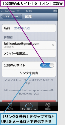 ［リンクを共有］をタップするとURLをメールなどで送信できる,［公開Webサイト］を［オン］に設定