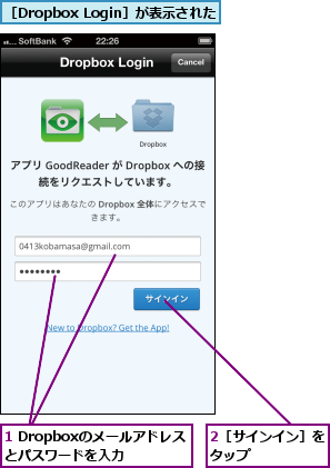 1 Dropboxのメールアドレスとパスワードを入力,2［サインイン］をタップ      ,［Dropbox Login］が表示された