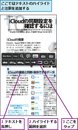 1 テキストを長押し    ,2 ハイライトする範囲を選択    ,3 ここを タップ,ここではテキストのハイライトと注釈を追加する      