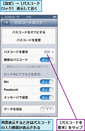 再度表示するときはパスコードの入力画面が表示される  ,［パスコードを要求］をタップ,［設定］→［パスコードロック］ 表示しておく