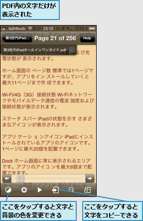 PDF内の文字だけが表示された  ,ここをタップすると文字と背景の色を変更できる  ,ここをタップすると文字をコピーできる