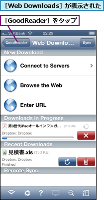 ［GoodReader］をタップ,［Web Downloads］が表示された