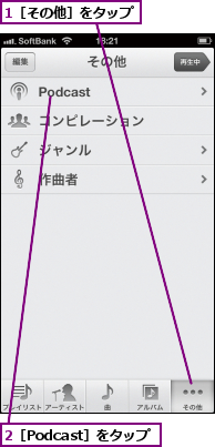 1［その他］をタップ,2［Podcast］をタップ