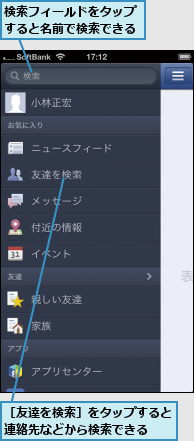検索フィールドをタップすると名前で検索できる,［友達を検索］をタップすると連絡先などから検索できる  