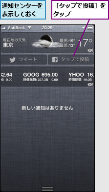 通知センターを表示しておく,［タップで投稿］をタップ      