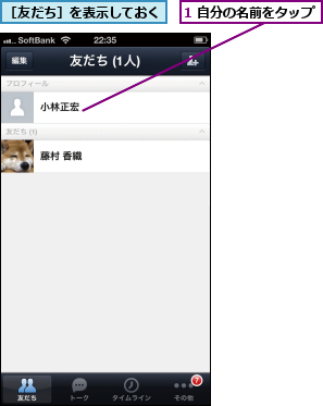 1 自分の名前をタップ,［友だち］を表示しておく