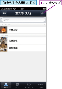 1 ここをタップ,［友だち］を表示しておく