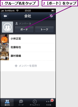 1 グループ名をタップ,2［ボード］をタップ