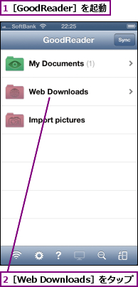 1［GoodReader］を起動,2［Web Downloads］をタップ