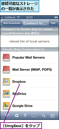 接続可能なストレージの一覧が表示された,［Dropbox］をタップ