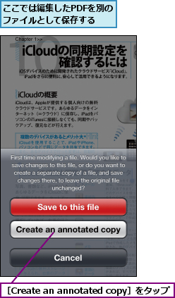 ここでは編集したPDFを別のファイルとして保存する,［Create an annotated copy］をタップ