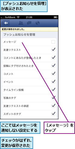 ここではメッセージを通知しない設定にする,チェックがはずれ、変更が保存された,［プッシュお知らせを管理］が表示された      ,［メッセージ］をタップ    