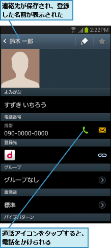 通話アイコンをタップすると、電話をかけられる      ,連絡先が保存され、登録した名前が表示された