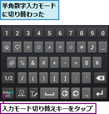 入力モード切り替えキーをタップ,半角数字入力モードに切り替わった  