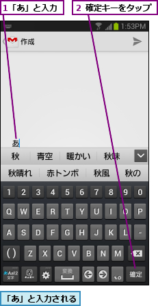 1「あ」と入力,「あ」と入力される,２ 確定キーをタップ