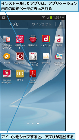 アイコンをタップすると、アプリが起動する    ,インストールしたアプリは、アプリケーション画面の最終ページに表示される      