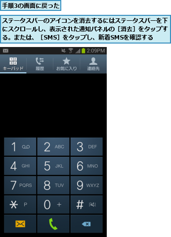 ステータスバーのアイコンを消去するにはステータスバーを下にスクロールし、表示された通知パネルの［消去］をタップする。または、［SMS］をタップし、新着SMSを確認する,手順3の画面に戻った