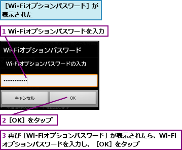 1 Wi-Fiオプションパスワードを入力,2［OK］をタップ,3 再び［Wi-Fiオプションパスワード］が表示されたら、Wi-Fiオプションパスワードを入力し、［OK］をタップ      ,［Wi-Fiオプションパスワード］が表示された        