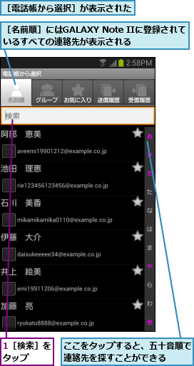 1［検索］をタップ  ,ここをタップすると、五十音順で連絡先を探すことができる  ,［名前順］にはGALAXY Note IIに登録されているすべての連絡先が表示される  ,［電話帳から選択］が表示された