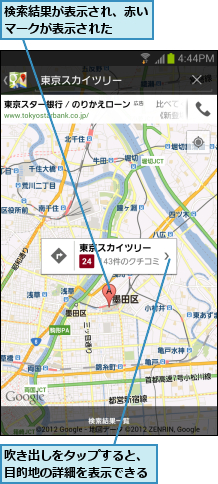 吹き出しをタップすると、目的地の詳細を表示できる,検索結果が表示され、赤いマークが表示された  