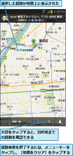 矢印をタップすると、目的地までの経路を確認できる      ,経路検索を終了するには、メニューキーをタップし、［地図をクリア］をタップする,選択した経路が地図上に表示された