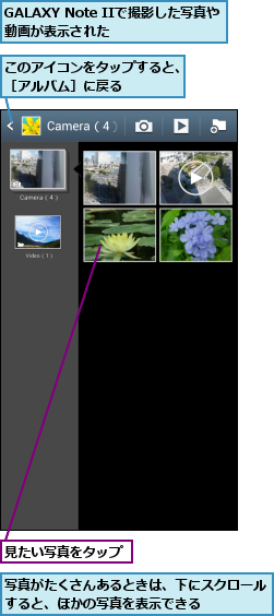 GALAXY Note IIで撮影した写真や動画が表示された    ,このアイコンをタップすると、［アルバム］に戻る    ,写真がたくさんあるときは、下にスクロールすると、ほかの写真を表示できる    ,見たい写真をタップ