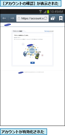 アカウントが有効化された,［アカウントの確認］が表示された