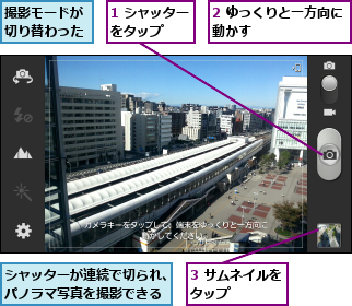 1 シャッターをタップ  ,2 ゆっくりと一方向に動かす        ,3 サムネイルをタップ    ,シャッターが連続で切られ、パノラマ写真を撮影できる,撮影モードが切り替わった