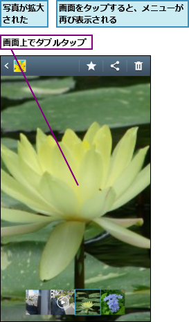 写真が拡大された  ,画面をタップすると、メニューが再び表示される        ,画面上でダブルタップ