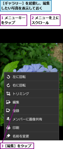 1 メニューキーをタップ    ,2 メニューを上にスクロール    ,3［編集］をタップ,［ギャラリー］を起動し、編集したい写真を表示しておく  