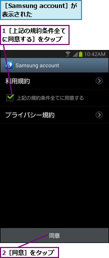 1［上記の規約条件全てに同意する］をタップ,2［同意］をタップ,［Samsung account］が表示された  
